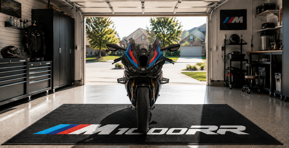 BMW M1000RR Motorcycle Garage Mat – Premium Garage Floor Protection 32x87 Inch