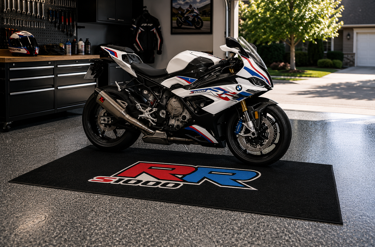BMW S1000RR Motorcycle Garage Mat – Premium Garage Floor Protection 32x87 Inch