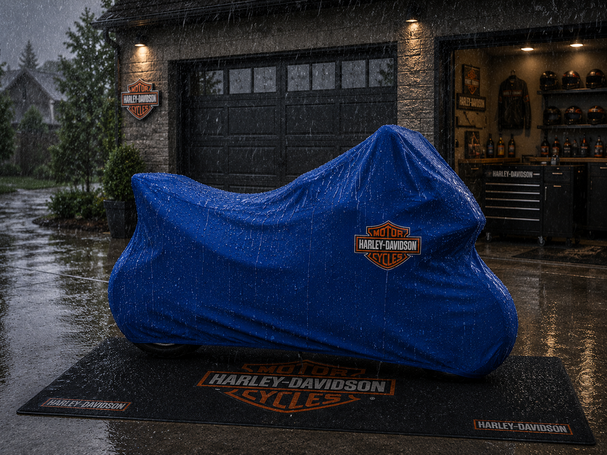Harley Davidson Motorcycle Rug & Cover BUNDLE – Choose Indoor or Outdoor Cover