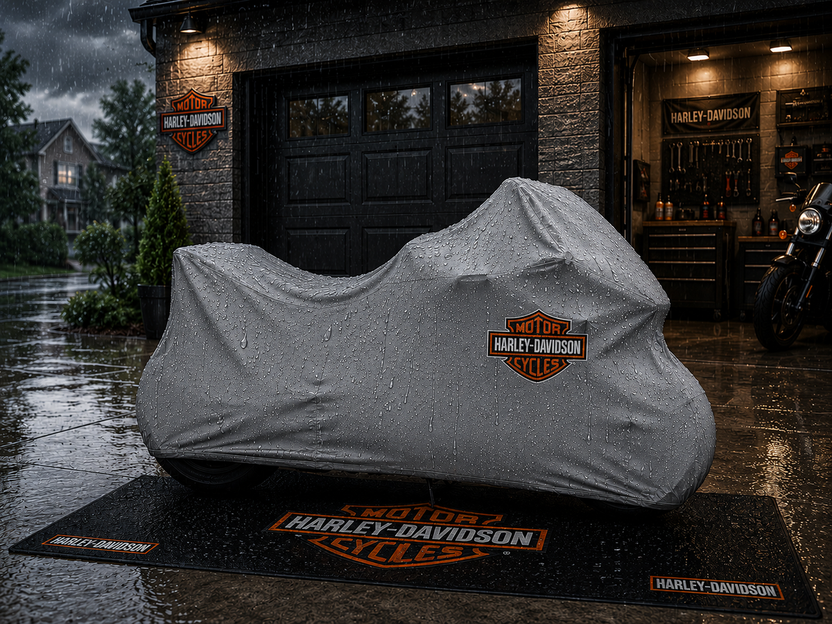 Harley Davidson Motorcycle Rug & Cover BUNDLE – Choose Indoor or Outdoor Cover