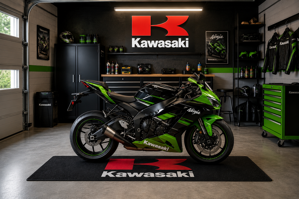 Kawasaki Motorcycle Garage Mat – Premium Garage Floor Protection 32x87 Inch