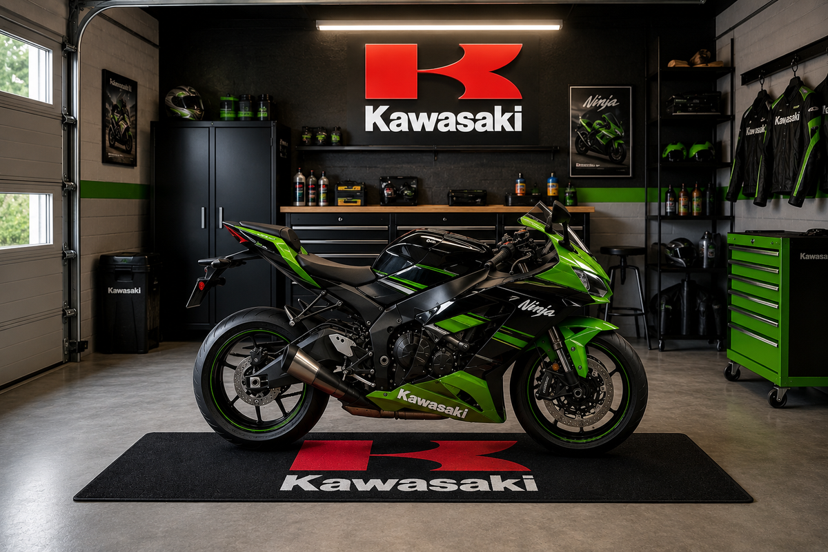 Kawasaki Motorcycle Garage Mat – Premium Garage Floor Protection 32x87 Inch