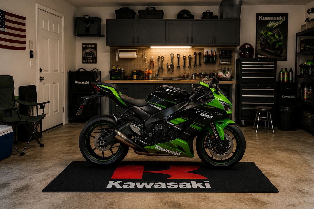 Kawasaki Motorcycle Garage Mat – Premium Garage Floor Protection 32x87 Inch