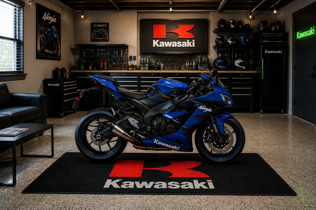 Kawasaki Motorcycle Garage Mat – Premium Garage Floor Protection 32x87 Inch