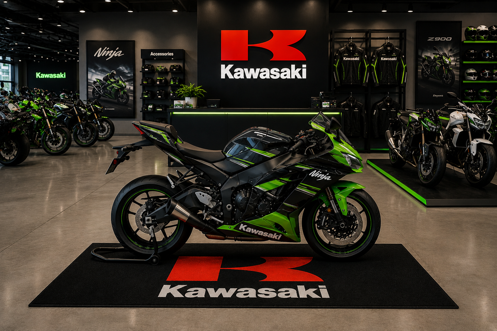 Kawasaki Motorcycle Garage Mat – Premium Garage Floor Protection 32x87 Inch